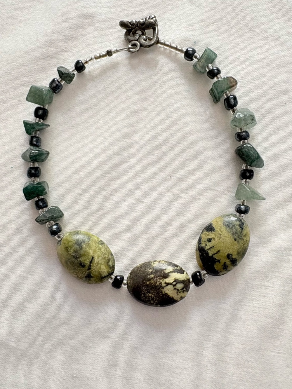 Natural Stone Jasper Bracelet Green Black Beaded Toggle Clasp Bracelet